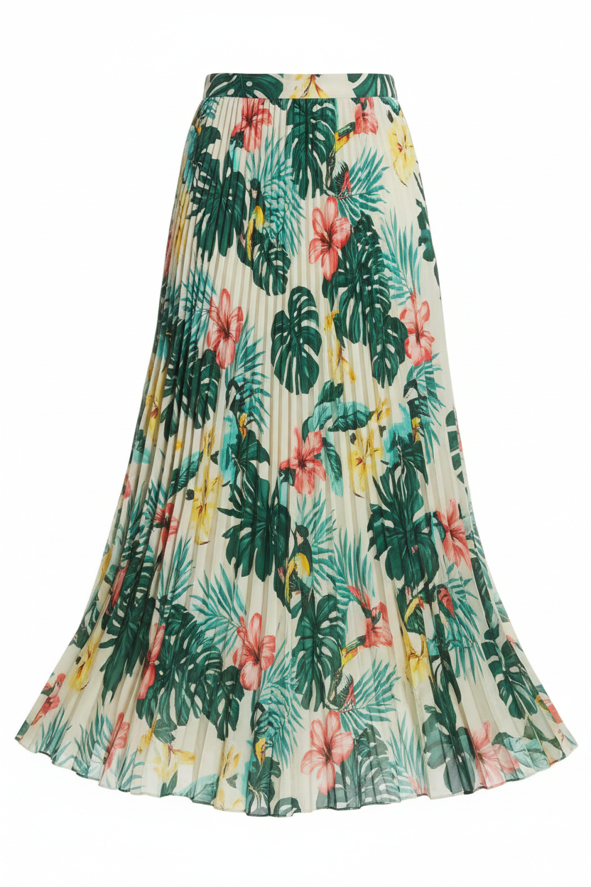 Ladies Pleated Tropical Maxi Skirt